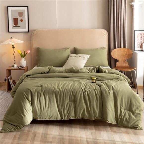 Queen Comforter Set Olive Green, 3pcs Bedding Sets Queen Boho Olive Comforter - Picture 2 of 8